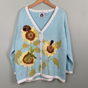 Storybook Knits Sweater Cardigan Sunflower Bee Ramie Cottagecore Womens 2X Blue